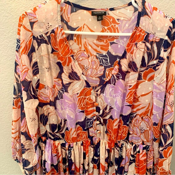 Torrid Navy Floral Swiss Dot Button Down Tea Length Dress 0X size 12/14 No Slip - Picture 7 of 9